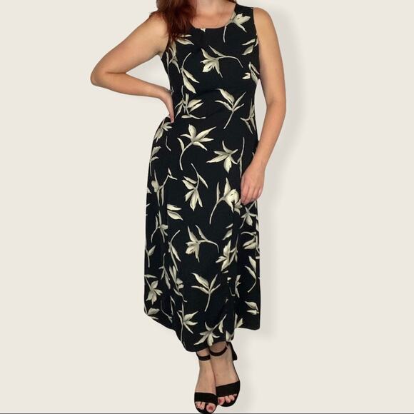 Vintage 90s Size 8 Neutral Tropical Floral Print Sleeveless Midi/Maxi Dress - Picture 2 of 11